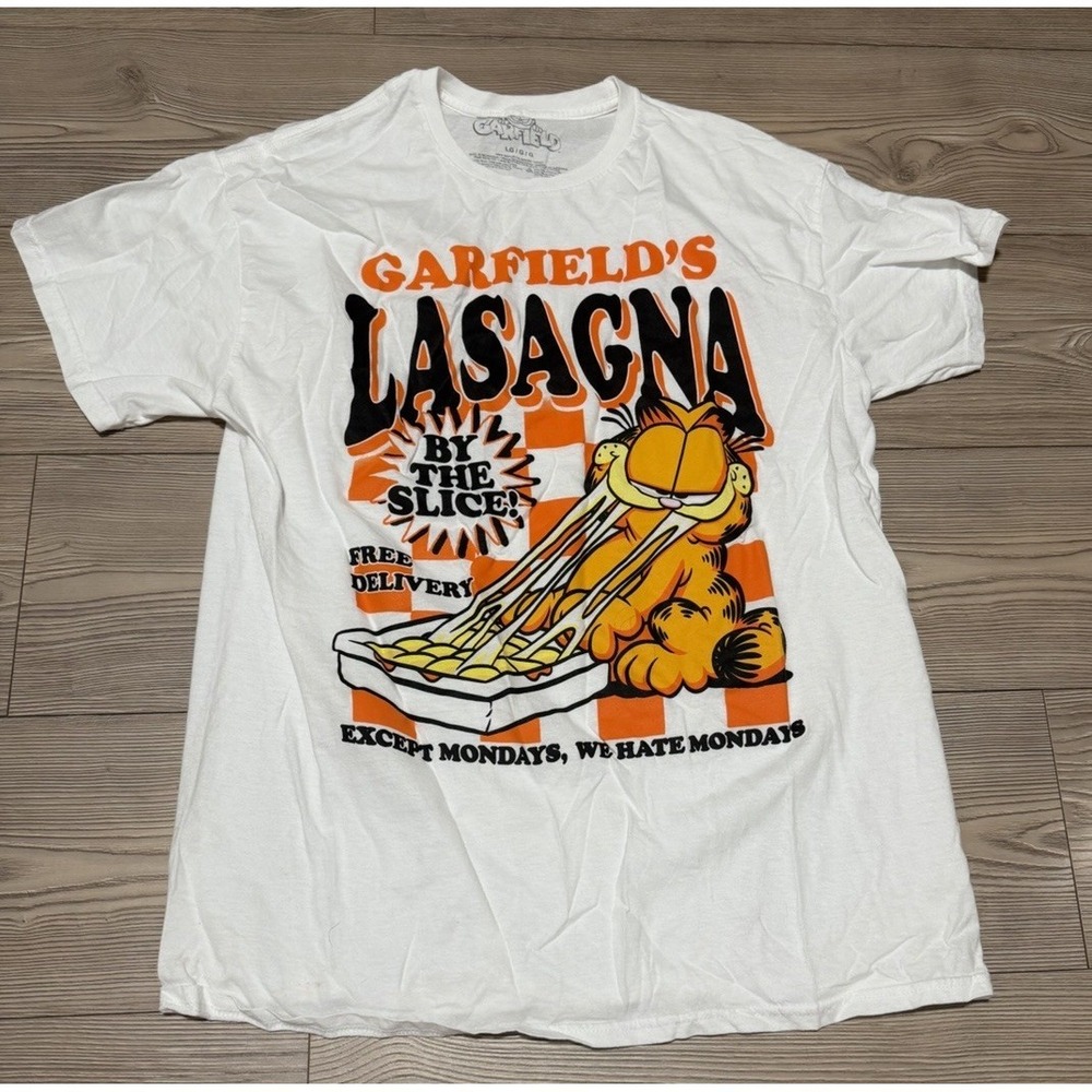 Garfield T-Shirt Large White Lasagna By the Slice Comic Graphic Short Sleeve